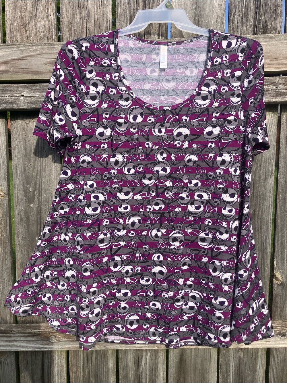 LuLaRoe Purple & Black Striped Graphic Short Sleeve Top